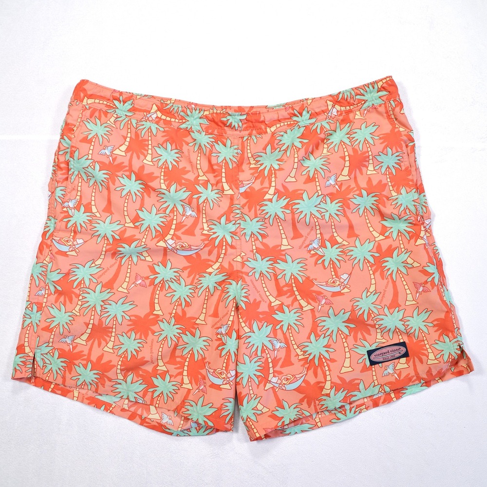 VINEYARD VINES Men's Size L Orange Palm Tree‎ Print Mesh-Lined Swim Trunks